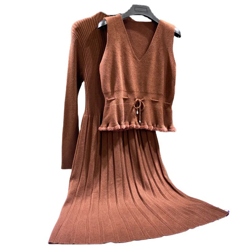 

Women full Sleeve sexy V Neck Slim waist Knee Length sweaters dress fashion Swing Casual Dress