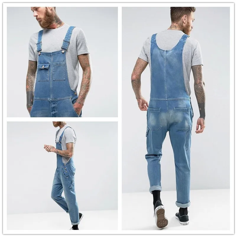 

WEPBEL Men Full Length Denim Overalls Jumpsuit Washed-Denim Unlined Bib Biker Pencil Long Pants Men Fitness Jeans with Pockets