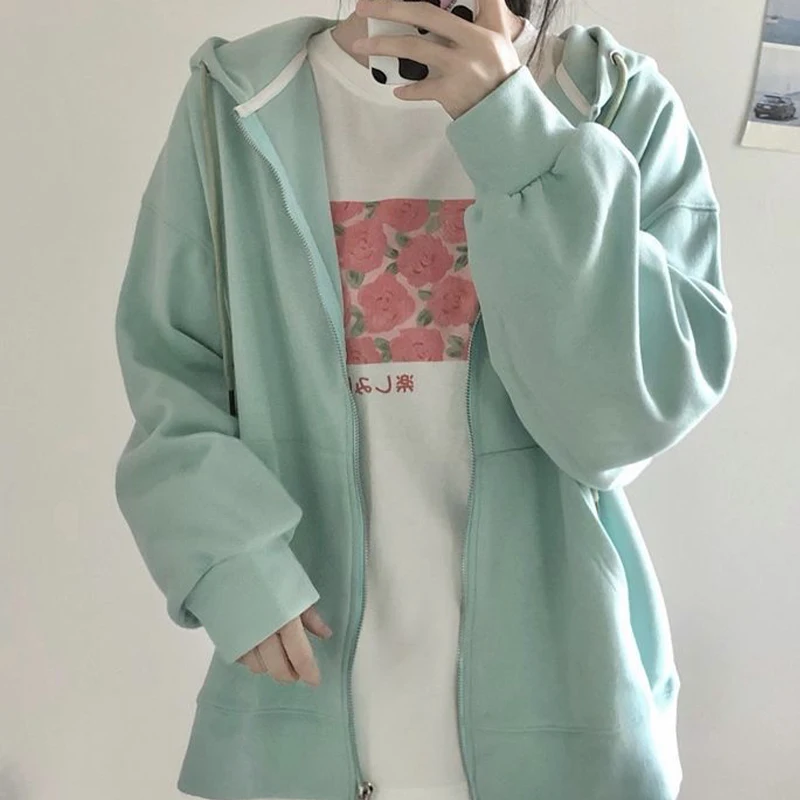 

2021 autumn women's hooded zipper loose cardigan sweater women's solid color regular jacket casual all-match new
