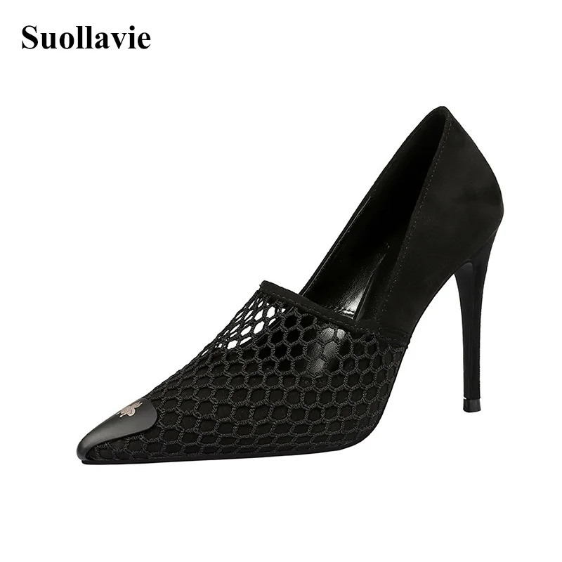 

Womens Shoe New Mesh Pumps metal wild women's shoes high heels casual stiletto shallow ladies shoes solid heels zapatos de mujer