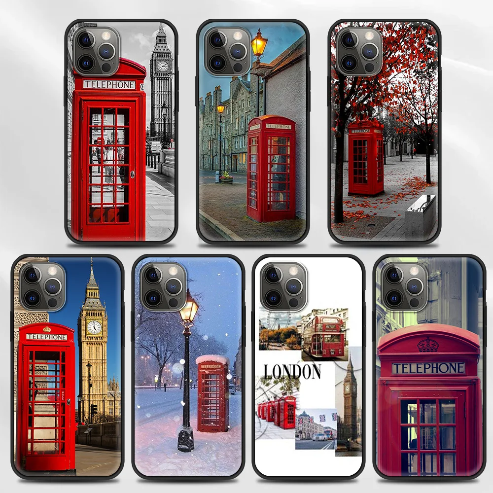 

Phone Case For iPhone 11 13 12 Pro Max XS XR X 8 7 6s 6 Plus 5 5S SE Black Bumper Soft Silicone Fundas London big ben bus