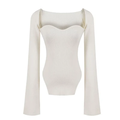 

Asymmetric Hem Sweater For Women Square Collar Long Sleeve Side Split Knitting Pullovers Casual Sweaters Female 2020 Clothes