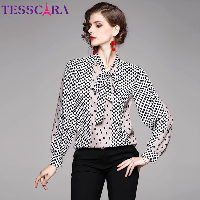 Женская блузка в горошек TESSCARA элегантная дизайнерская шифоновая с бантом