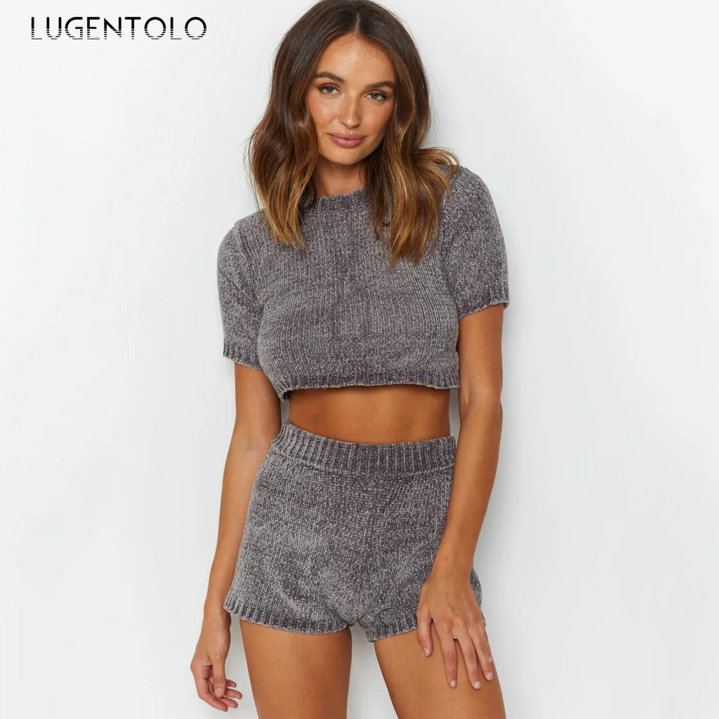 

Women Two Piece Set Autumn New Casual O-Neck Short Sleeve Navel Knitted Sexy Sweater Shorts Female Two-Piece Set Lugentolo