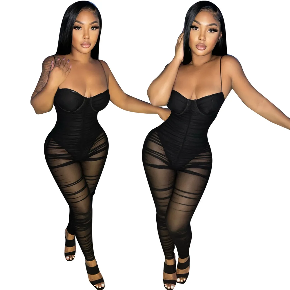 

Sexy Strapless Women Jumpsuit See Through Sheer Mesh Party Night Clubwear Fitness Long Rompers Womens Jumpsuit Overalls