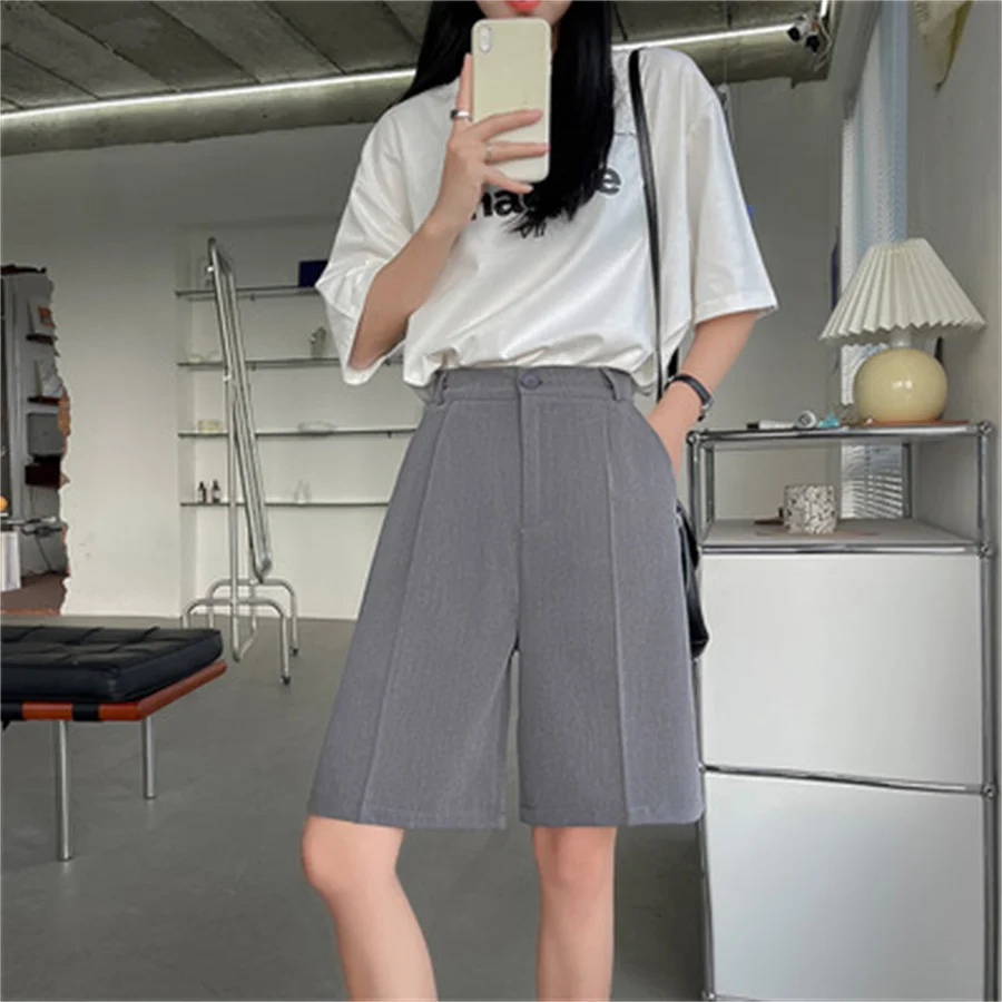 

2021 Summer Simplee Solid Casual Shorts Women Elasticity High Waist Suit Shorts Female Casual Wide Leg Pants Streetwear Women