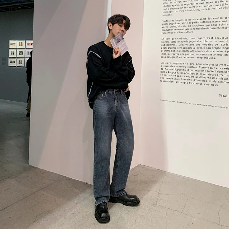 Джинсы IEFB мужские прямые свободного кроя Модные Винтажные брюки из денима в