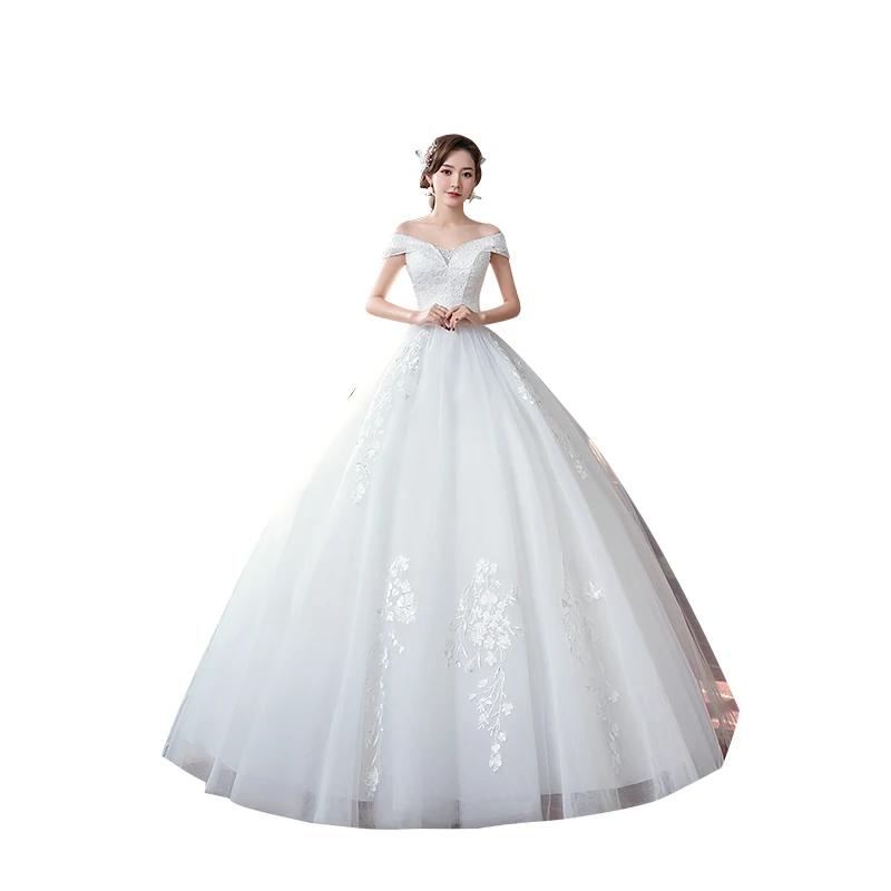 

2021 Elegant Boat Neck Wedding Dress Floor-length Wedding Gowns Vestido De Noiva Lace Embroidery Plus Size Princess Bride Dress