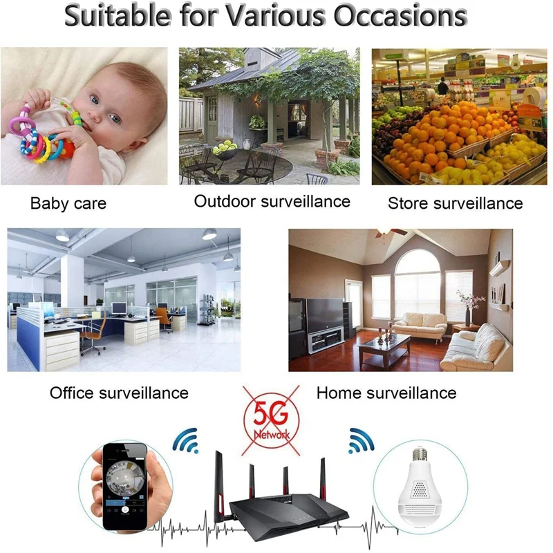 360 ° светодиодный светильник 1080P Wi-Fi Камера панорамный охранных Smart Wifi CCTV объектив