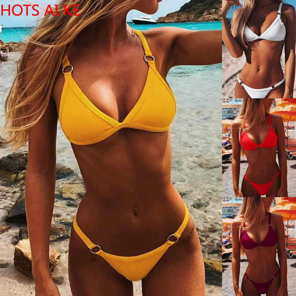 

swimsuit Women Sexy suspenders metal ring deep V Bikinis Padded Push-up Bra Swimwear Casual Bathing Suit Female Beachwear