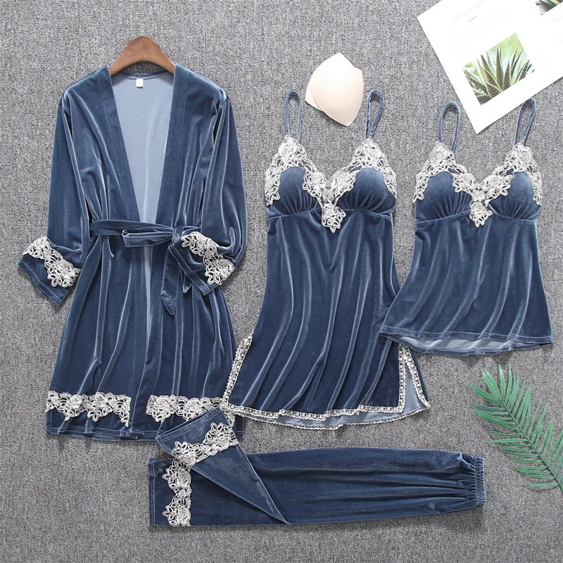

Velour 4PCS Pajamas Set Women Velvet Kimono Gown Sexy Lace Bathrobe Nightgown Casual Intimate Lingerie XXL Soft Home Clothes