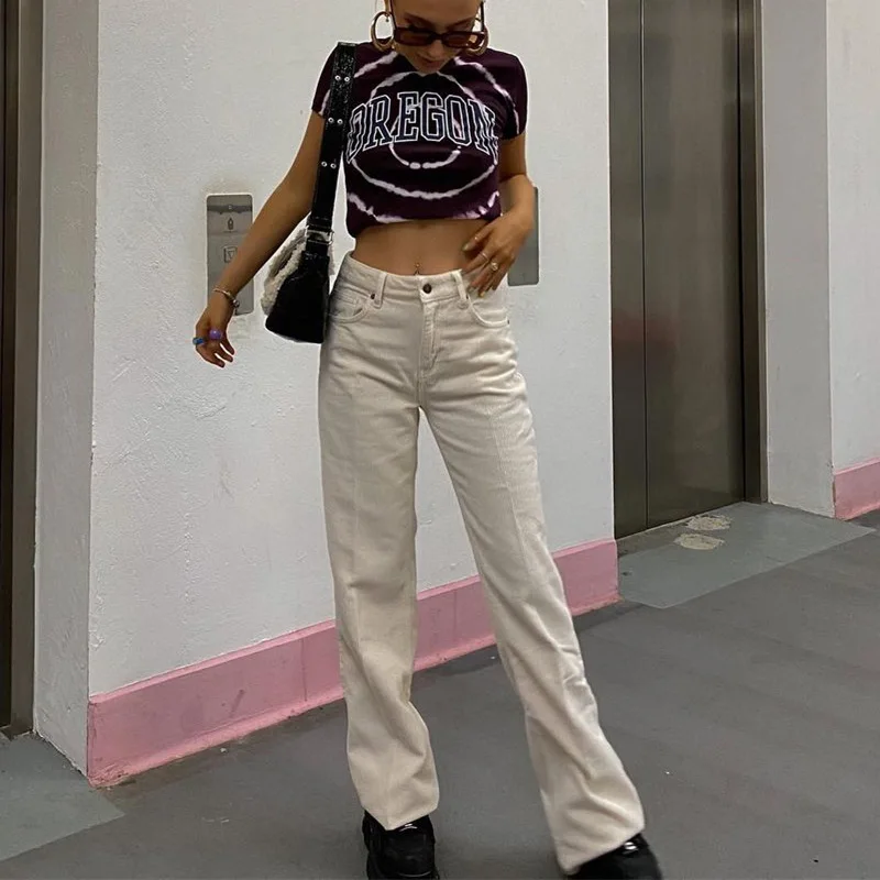 

Women Straight White Wide Leg Pants Corduroy Y2K Harajuku Streetwear Trouser Fashion Vintage Style E-Girl Aesthetic Mid Waist