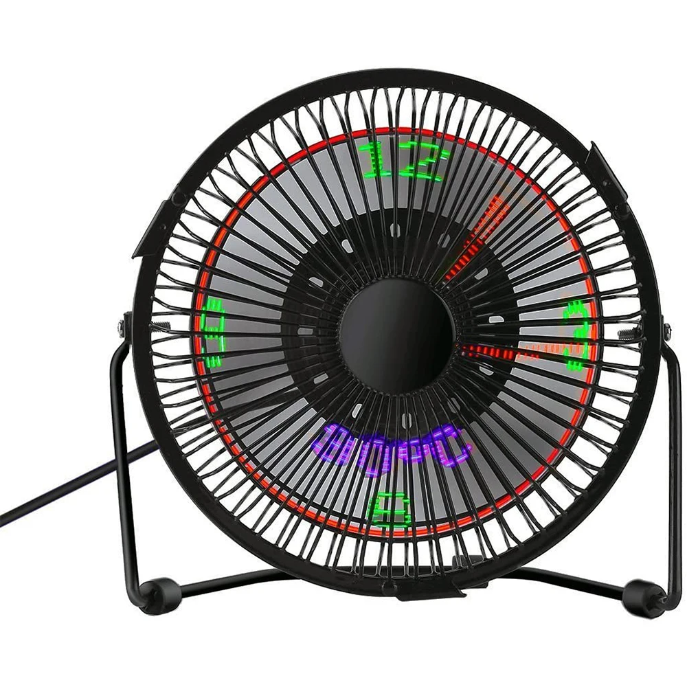 

LED Luminous Fan with Temperature Time Portable Desktop Mini Clock Fan 360 Degree Rotation 6 Inch Wrought Iron USB Small Fan