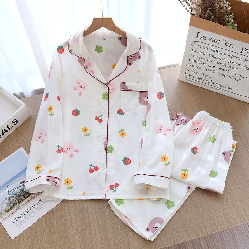 

Ladies Pajamas Set 100% Gauze Cotton Cartoon Cat Printed Pyjamas Women 2Pcs Turn-down Neck Shirt+Pants Comfort Nature Sleepwear