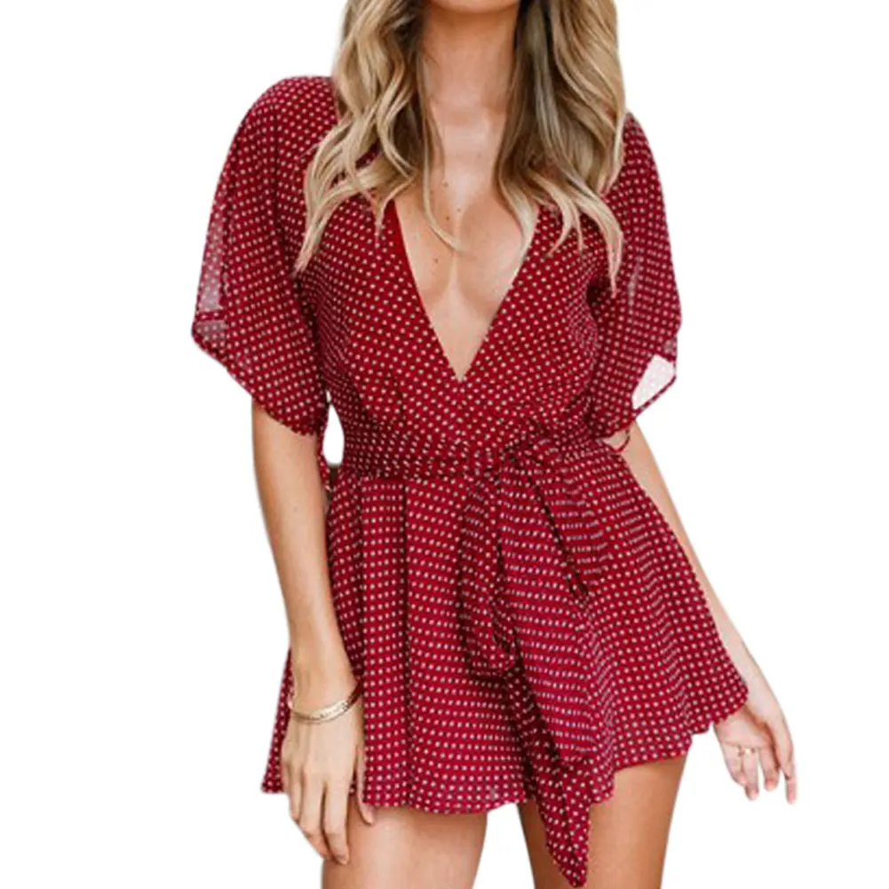 

Pop Summer Women Short Jumpsuit V Neck Tie Bow Belt Backless Dots Printed Beach Casual Rompers Pop 88