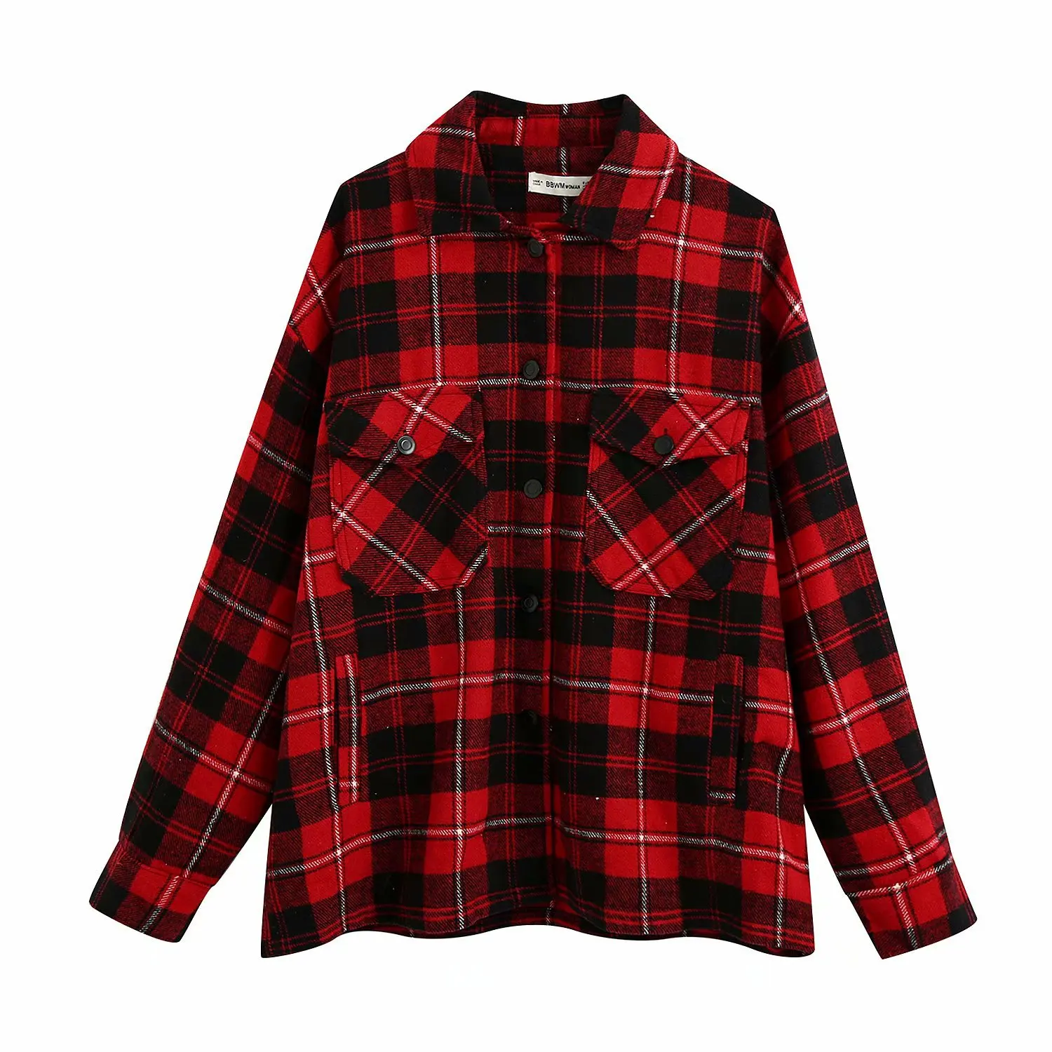 

women's long sleeve Lapel woolen Plaid Blouse Shirt coat