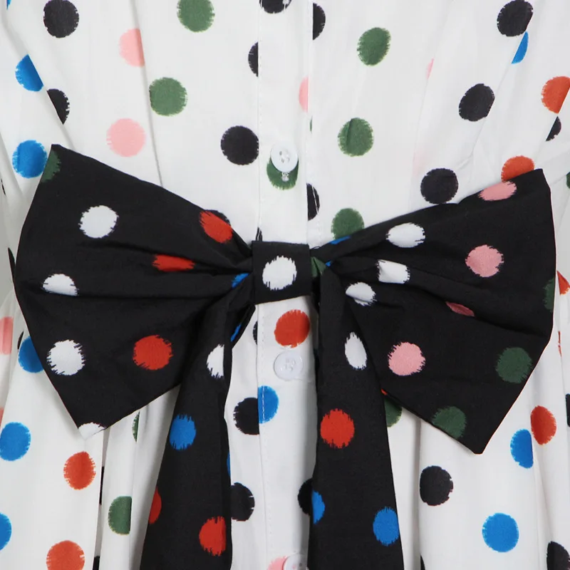 

Vintage Colorful Dot Summer Dresses for Women 2021 New Bow Silm Waist Hollow Out One Piece Elegant Office Lady Vestido Feminino