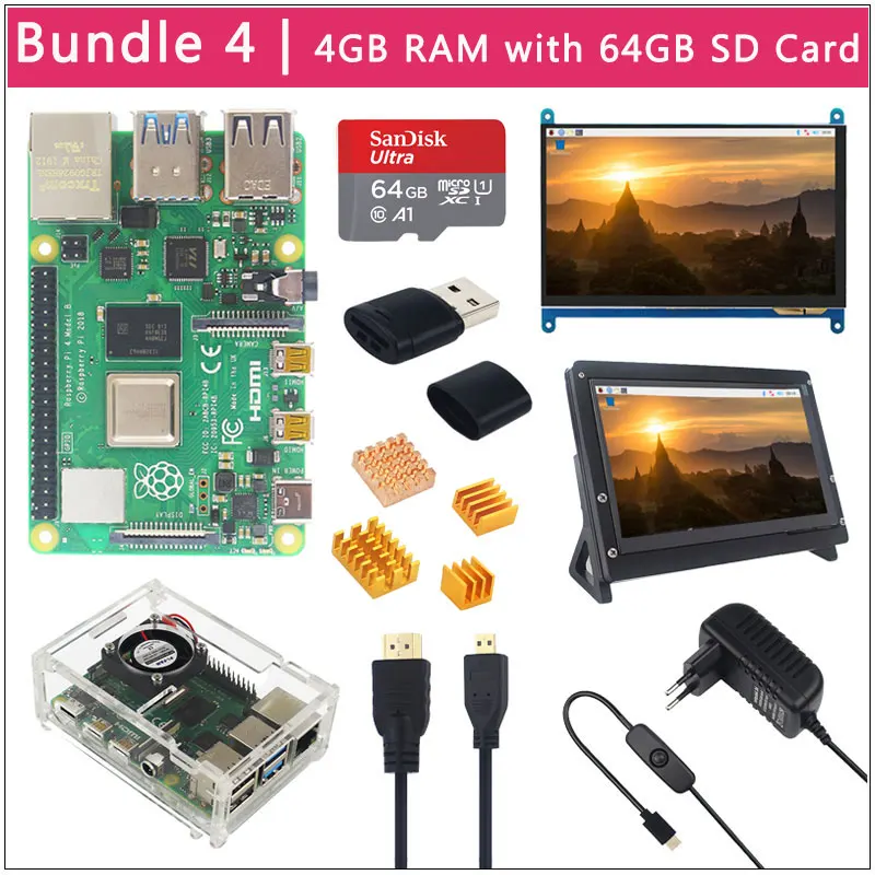 4GB RAM Raspberry Pi 4 Модель B ЖК-комплект+ 7 дюймов сенсорный экран+ держатель+ 64 32 Гб sd-карта+ вентилятор+ радиатор+ мощность+ Micro HDMI для Pi 4 - Комплект: 4GB RAM