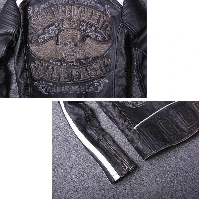 

Men's Genuine Leather Motorcycle Jacket Slim Fit Stand Collar Cowhide Short Clothing White stripes Biker Coat Winter