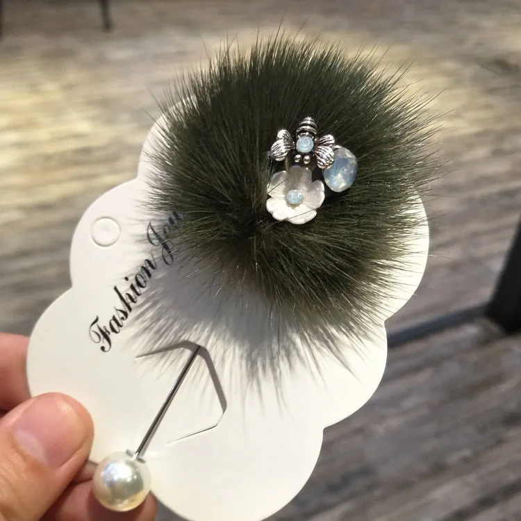 Green Brooch I-Remiel, женская мода, шарик из меха норки, женский цветок, длинная игла, брошь на булавке, шарфы, цинковый сплав, жемчужные булавки и броши, платье для рубашки - Окраска металла: Green Brooch