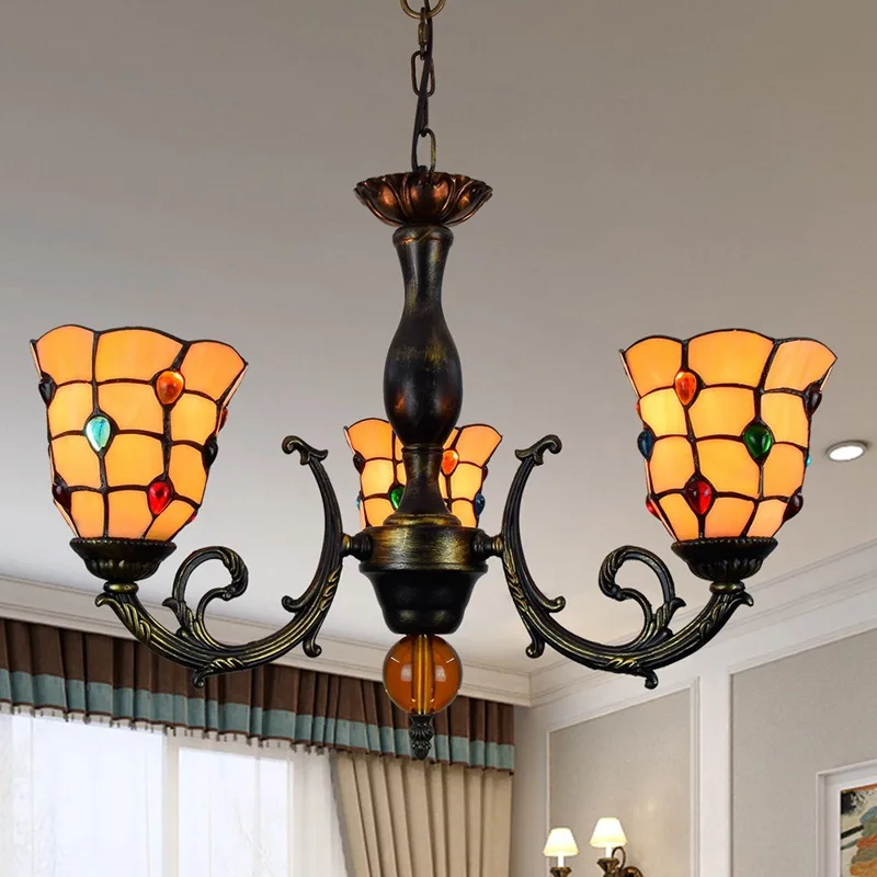 

European-Style Retro Creative Tiffany Multi-Color Glass Restaurant Bedroom Bar Club Shop Decoration Three-Head Hanging Lamp