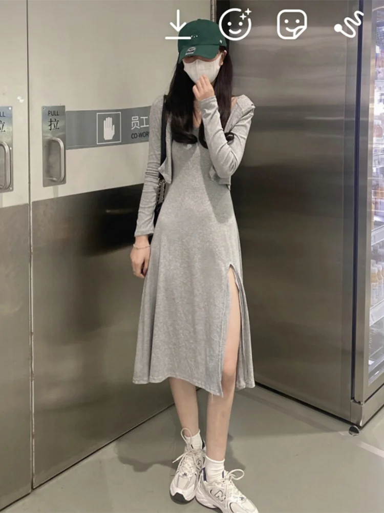 

Sexy Women Dress Spring And Autumn Korean Version 2021 New Waist Thin Split Length Chic Sweet Salt Sling Dresses