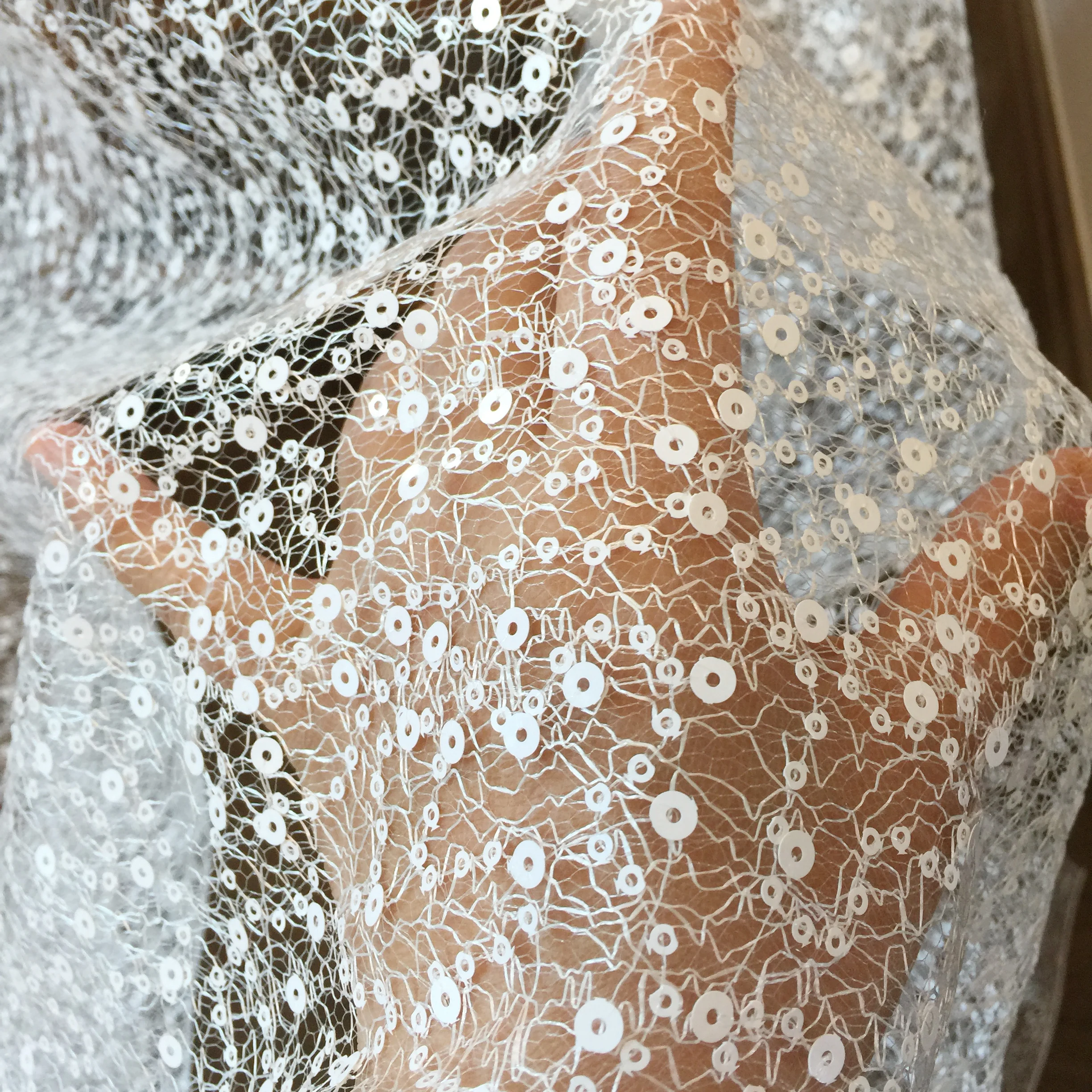 

Hollow Out Lace Fabric with Sequins Off White 1M