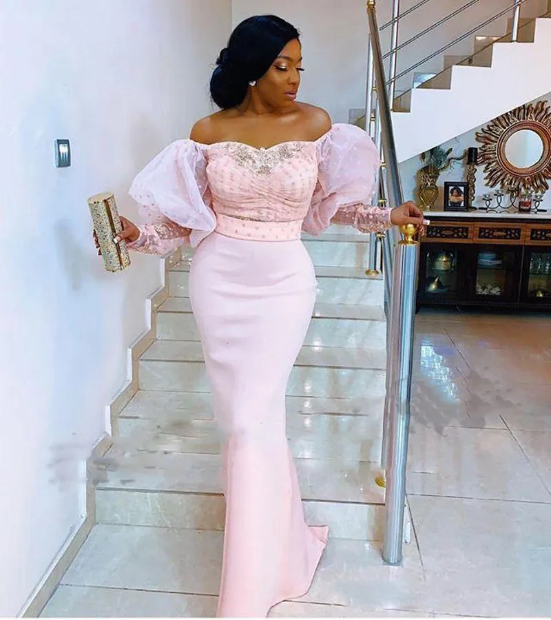 

Aso Ebi Mermaid Prom Dresses Trumpet Sleeve Off Shoulder Pink Evening Gowns Chiffon Floor Length Formal Party Dress