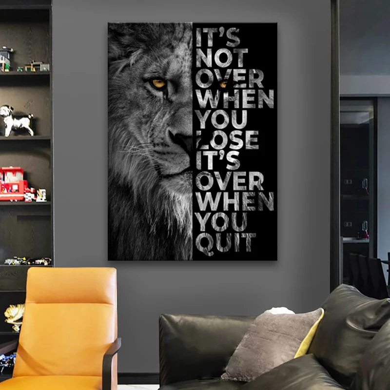 

Animal Wall Decor Painting Lion Poster Its Over When You Quit Insparing Phrase Canvas Prints for Home Office Wall Decor