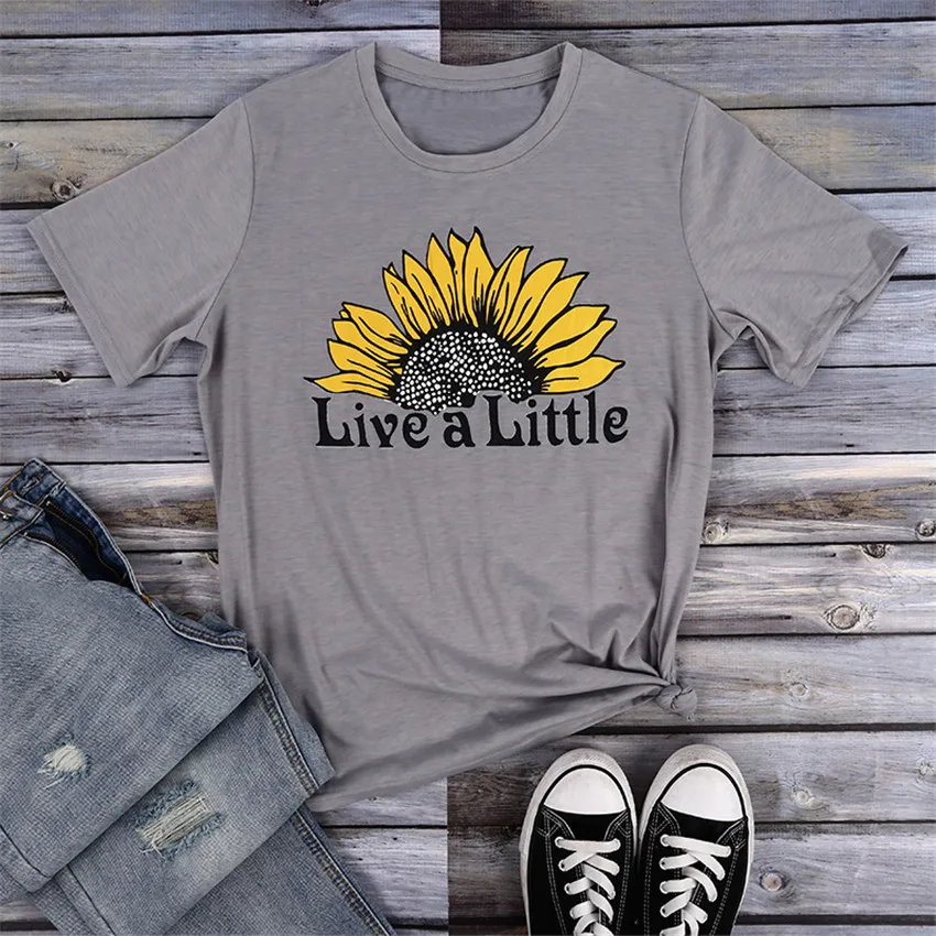 Новая Женская Футболка С Подсолнухом Коротким Рукавом Длинным Светло-серый 2019