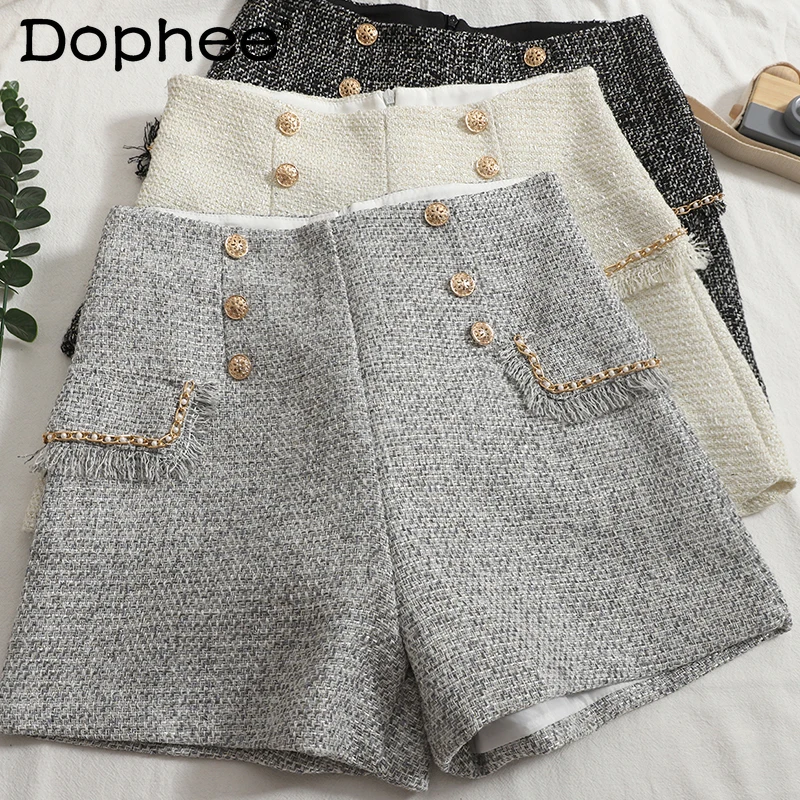 

Double Breasted High Waist Shorts Women 2021 Autumn Clothes Elegant Tweed Shorts Korean Straight Slimming Wide Leg Short Pants