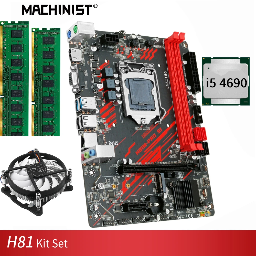 

MACHINIST H81 LGA1150 Motherboard Kit Set With Intel I5 4690 Processor DDR3 16GB 2X8G Desktop Ram Memory Cooling Fan H81M-PRO-S1
