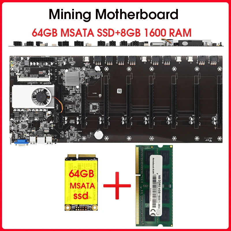 Billig Riserless Bergbau Motherboard 8 GPU Bitcoin Crypto Etherum Bergbau Mit 64GB MSATA SSD DDR3 8GB 1600MHZ RAM SET