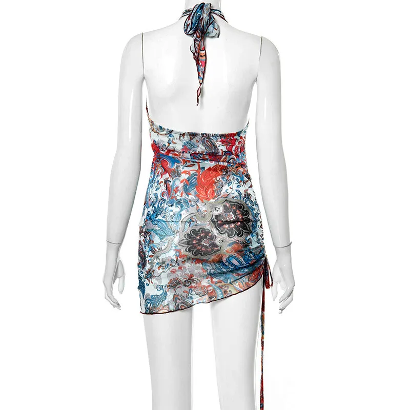 

Sexy Tie Dye Bodycon Mini Dress Sleeveless Halter Dresses for Women Summer Party Holiday Beachwear Ladies Dress Vestidos Robes