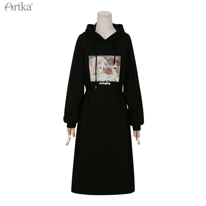 

ARTKA 2020 Autumn Winter New Women Dress Fashion Print Casual Black Long Dress Loose Long Sleeve Pullover Hooded Dress ZA25100D