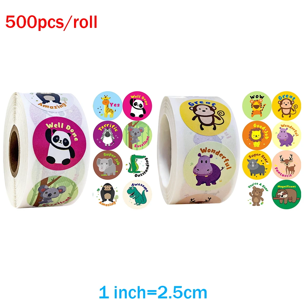 Pegatinas de recompensa para ni&ntilde;os, pegatinas motivacionales de 1 pulgada con animales para estudiantes de recompensa, rollo por 500 Uds.-0