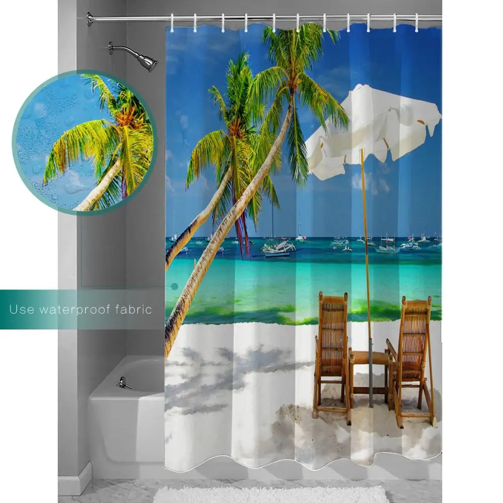 Занавеска для душа с крючками пляжные пальмы Eden морской пейзаж рай место морское