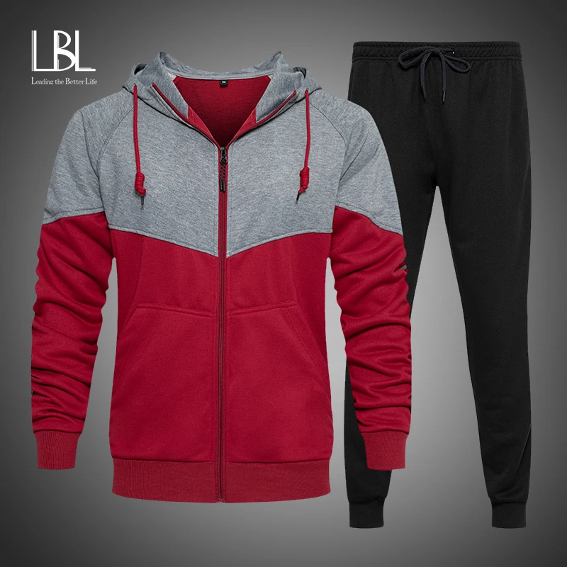 

Men Patchwork Tracksuit Casual Hoodies Sets 2021 Autumn New Male Jackets + Pants Two Piece Sets Hip Hop Streetwear Sports Suit