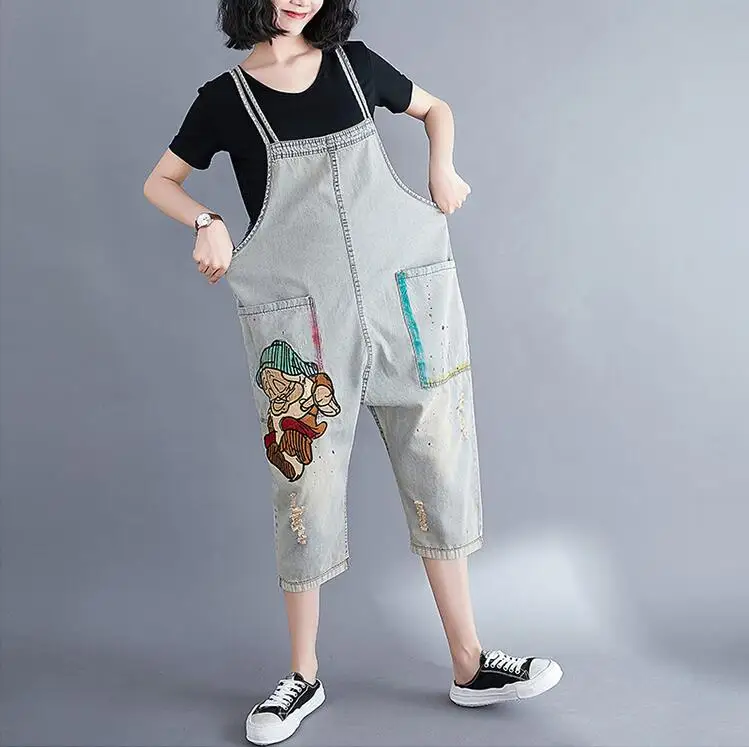 Cartoon embroidered Women Denim Jumpsuit Baggy Suspenders Cowboy Pants Hole Ripped Casual Loose Female Jeans Rompers |
