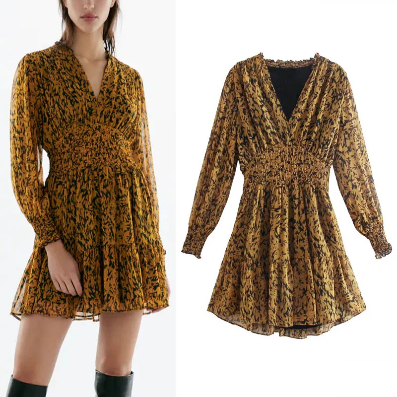 

Za 2021 Woman Elastic Waist Mini Dress Autumn Print Long Sleeves Dresses Fashion Ruffled V-neck Feminine Dress Elegant Vestido