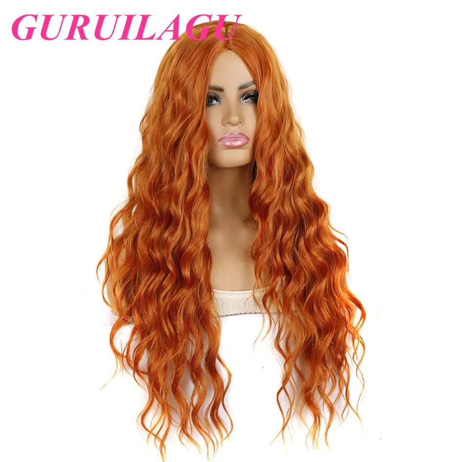 

GURUILAGU Long Wave Wavy Wigs for Women Middle Part Natural Wigs High Temperature Orange Color Synthetic Hair Cosplay Wig