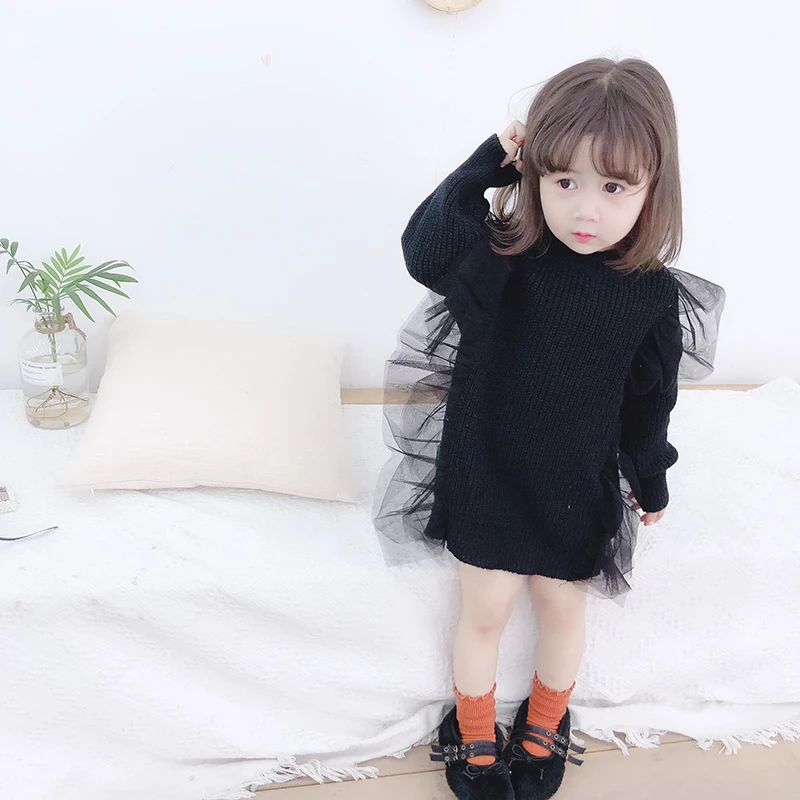 

welaken Lace Mesh Dress For Toddler Girls Long Sleeve Wool Dress Cotton Casual Daily Wear Fashion Children's Clothing