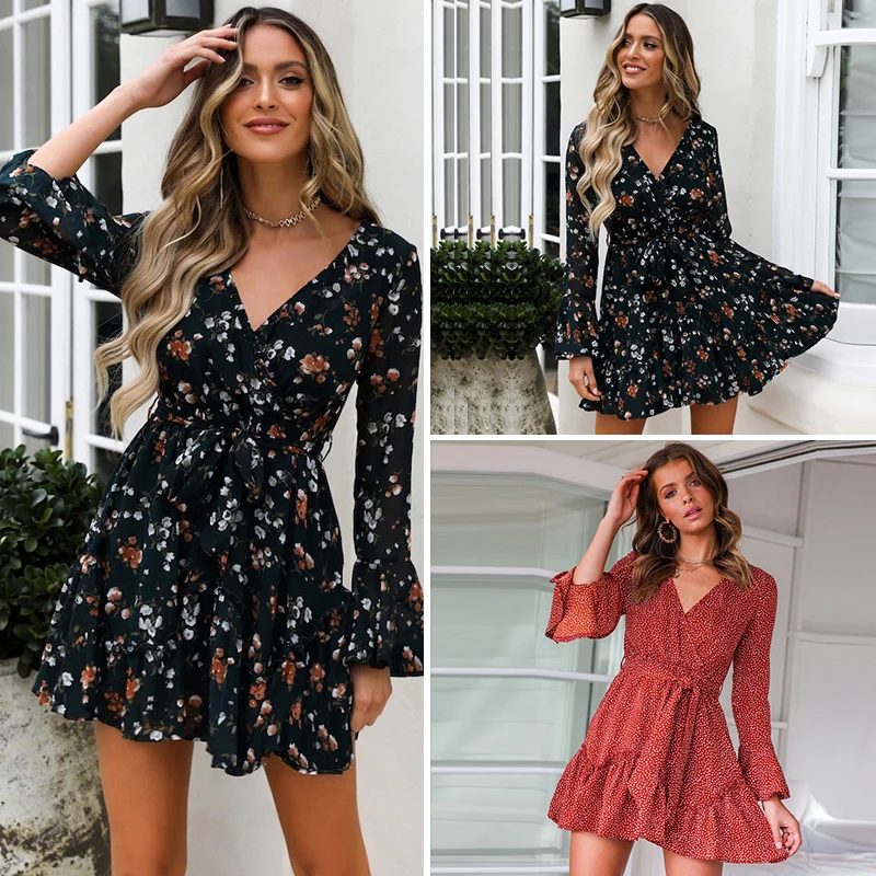

Women Autumn Long Sleeve Sexy Mini Dresses Flower Ladies Casual V-Neck Short Summer Fashion Dresses Clubwear Party Dress