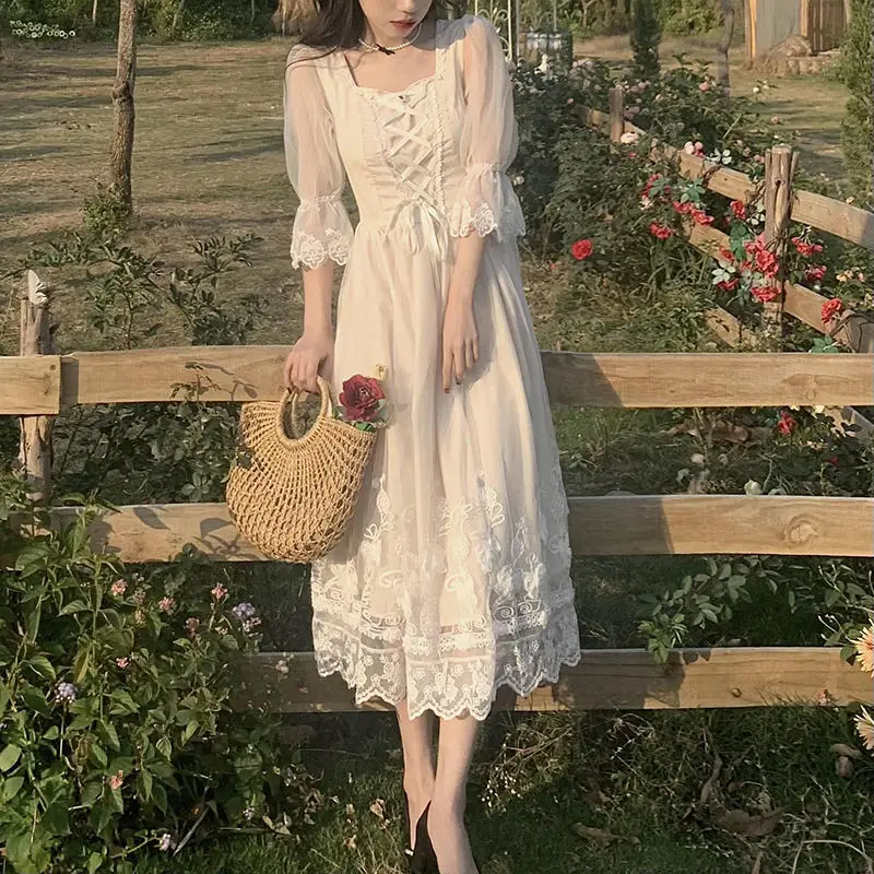 

2021 Summer Lace Sweet Elegant Dress Women Evening Party One Piece Dress Korean Kawaii Short Sleeve Dress Female Square Collar