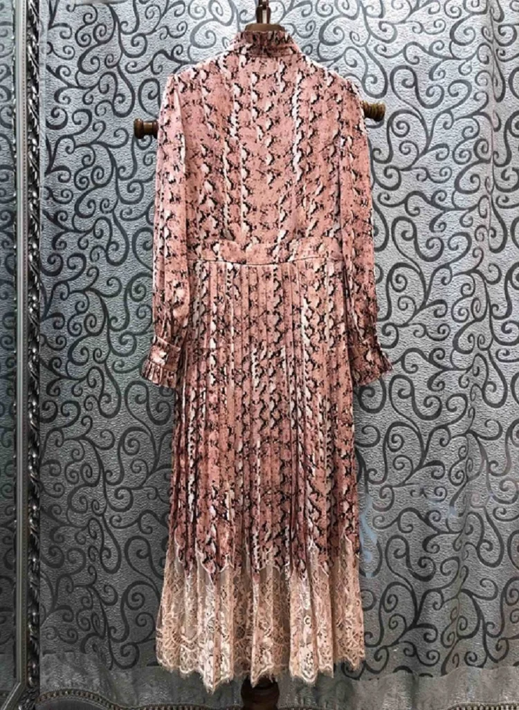 

Top Quality New 2020 Spring Summer Dress Women Sexy Wild Snake Skin Prints Lace Patchwork Long Sleeve Mid-Calf Pleated Dress