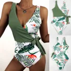 Женский купальник с V-образным вырезом, модный слитный купальный костюм с цветочным принтом, пляжная одежда для плавания, комплект бикини, 2021