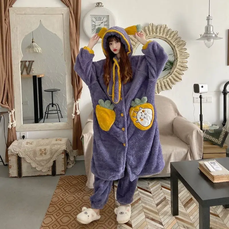 Winter Thickened Plush Velvet Pajamas Set Female 2021 New Coral Velvet Sweet Long Section Robe Bathrobe Home Wear Pajamas