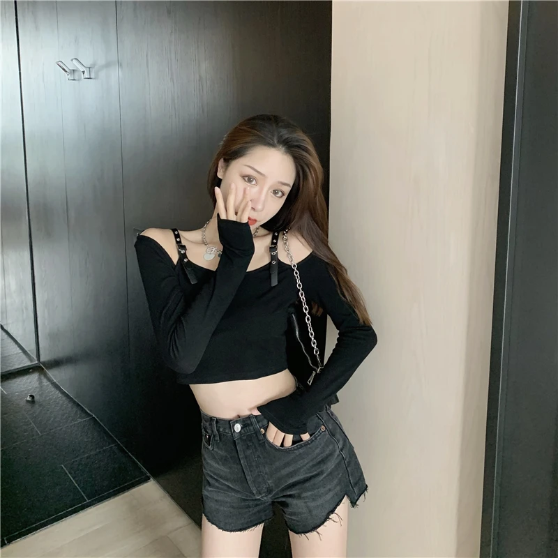 

Autumn Off Shoulder Blouse Korean Punk Style Leather Suspender Long Sleeve Top Harajuku Cool Shirt For Women Winter
