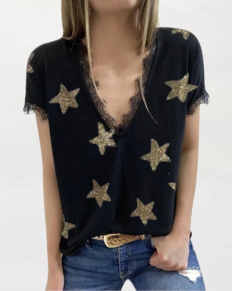 

2021 Women's Summer V-neck Printed Lace T-shirt Top oversized t shirt women shirts