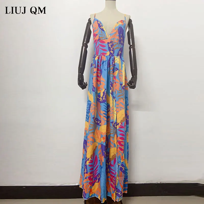 

Sleeveless Spaghetti Sling Dress Skinny Open Fork print long Dresses Sexy Party Lady Fashion Beach Style Dress Maxi Summer